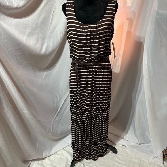 BOGO Signature by Robbie Bee Brown/Ivory Striped Belted Maxi Dress Size: L - Picture 1 of 8